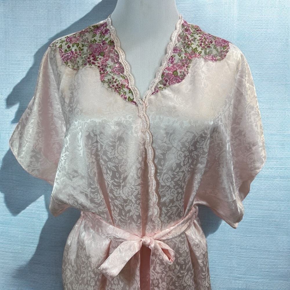 Vtg VAL MODE Pink Jacquard Floral Lace Kimono Robe Lingerie sz M Fairy Bridal
